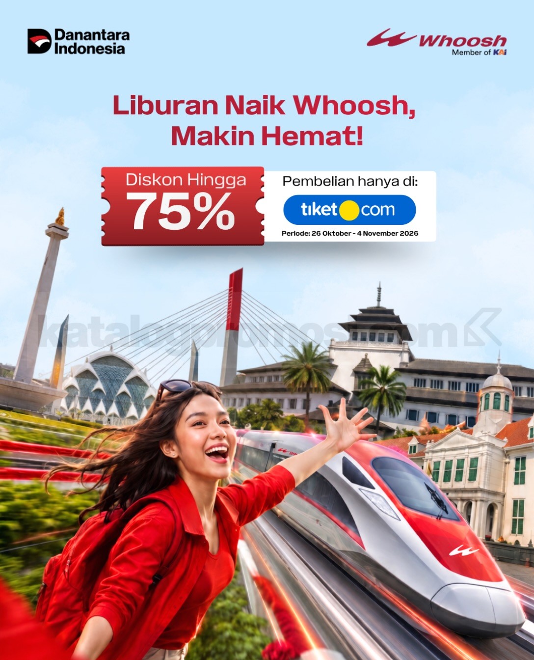 Promo Whoosh Diskon hingga 75% di tiket.com Promo Whoosh diskon hingga 75% di tiket.com melalui OTW dan Jam Gledek pada 26 Oktober–4 November 2026.